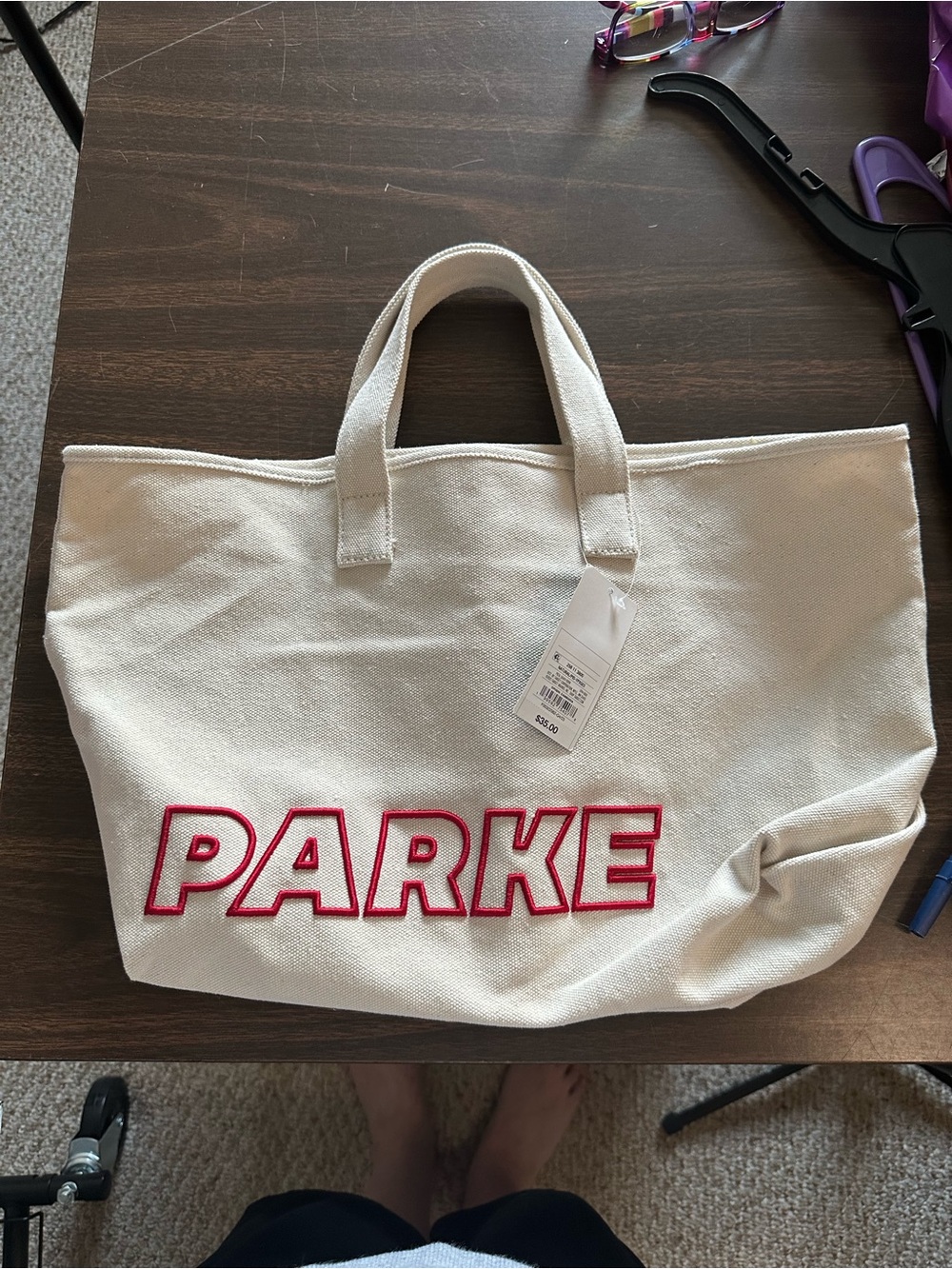 PARKE Canvas Tote Bag in Off-White with Red Logo